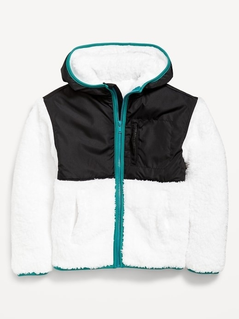 Kids L 10-12 Sherpa Zip Hoodie Jacket - White & Black with Teal Trim